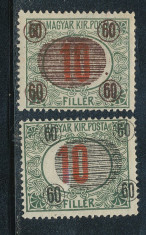 RFL 1919 ROMANIA Emisiunea Timisoara 2 timbre porto 60f/10f erori sursarj deplasat foto