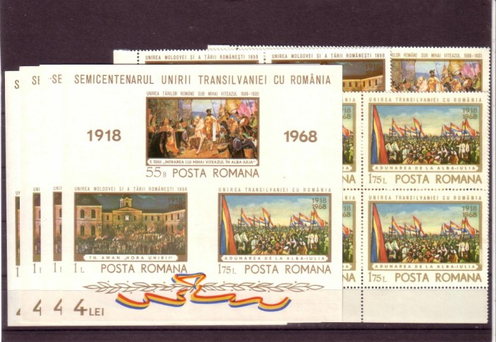 Romania L687,8.4x+4 Semicentenar Unirii Transilv.1968 bloc 4 +4 colite dant foto mare Romania L687,8.4x+4 Semicentenar Unirii Transilv.1968 bloc 4 +4 colite dant foto mare