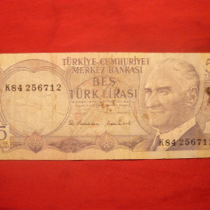 Bancnota 5 Lire TURCIA ,1970 ,cal.mediocra