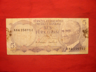 Bancnota 5 Lire TURCIA ,1970 ,cal.mediocra foto