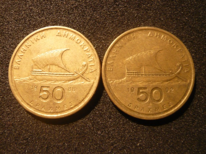 SET 2 mon. Grecia:50 Dr.1988 ,1992 ,bronz ,cal.F. Buna