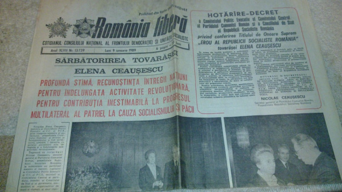 ziarul romania libera 9 ianuarie 1989 (ziua de nastere a elenei ceausescu)