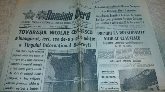 ziarul romania libera 16 octombrie 1981 - ceausescu a inaugurat TIB