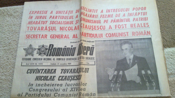 ziarul romania libera 25 noiembrie 1989-ceausescu reales secretar general PCR