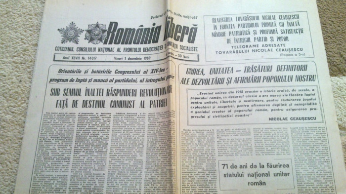 ziarul romania libera 1 decebrie 1989 -71 de ani de la faurirea statului roman