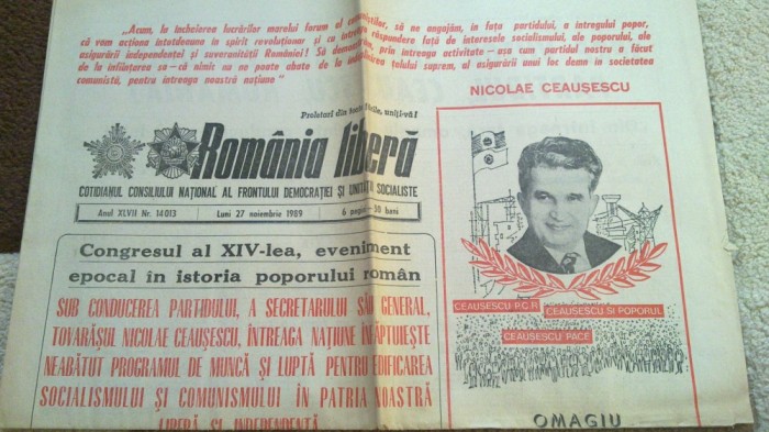 ziarul romania libera 27 noiembrie 1989-ceausescu este reales secretar general