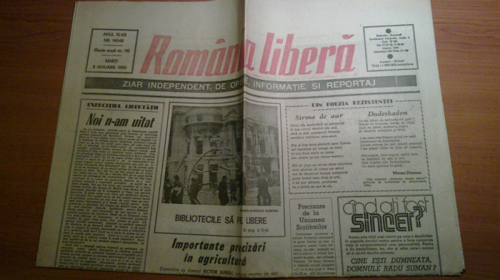 ziarul romania libera 9 ianuarie 1990 (revolutia )