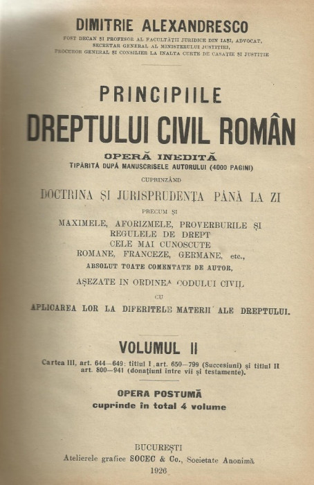 D.Alexandresco / PRINCIPIILE DREPTULUI CIVIL ROMAN - vol.II,editie 1926