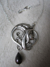 _ 925 Argint, Noire Mother of Pearl _ &amp;quot; COLIER Art Nouveau Vintage&amp;quot; 48 cm. Superb!!! foto