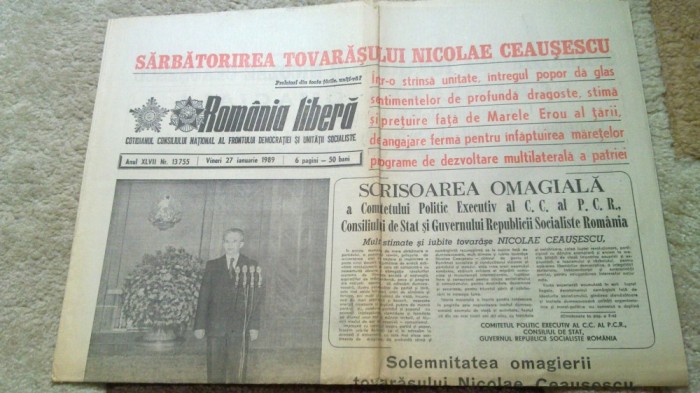 ziarul romania libera 27 ianuarie 1989-sarbatorirea lui nicolae ceausescu