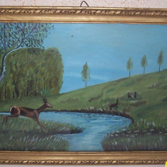 tablou inramat, pictat in ULEI pe suport lemnos (placaj), reprezentand un peisaj de padure cu o caprioara