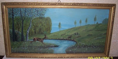 tablou inramat, pictat in ULEI pe suport lemnos (placaj), reprezentand un peisaj de padure cu o caprioara foto