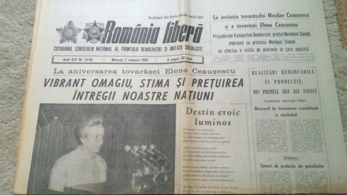 ziarul romania libera 7 ianuarie 1987 (ziua de nastere a elenei ceausescu )