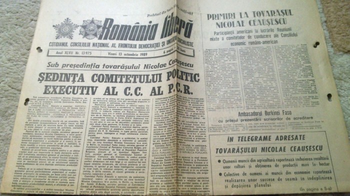 ziarul romania libera 13 octombrie 1989-sedinta comitetului politic al PCR
