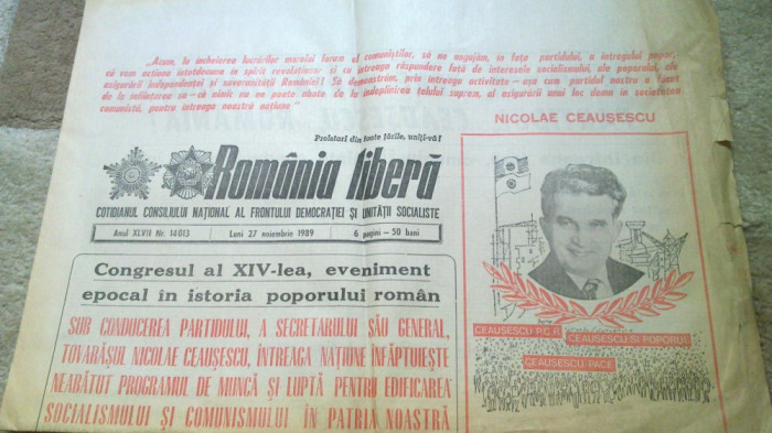 ziarul romania libera 27 noiembrie 1989-congresul al 14-lea al PCR