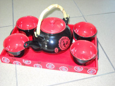 Set ceai chinezesc, ceainic+ 4 canite din ceramica+ tavita din bambus pt servire foto