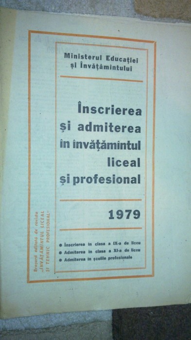inscrierea si admiterea in invatamantul liceal si profesional 1979