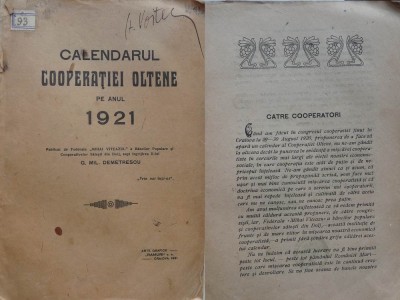Demetrescu, Calendarul Cooperatiei Oltene pe anul 1921, Craiova, 1921 foto