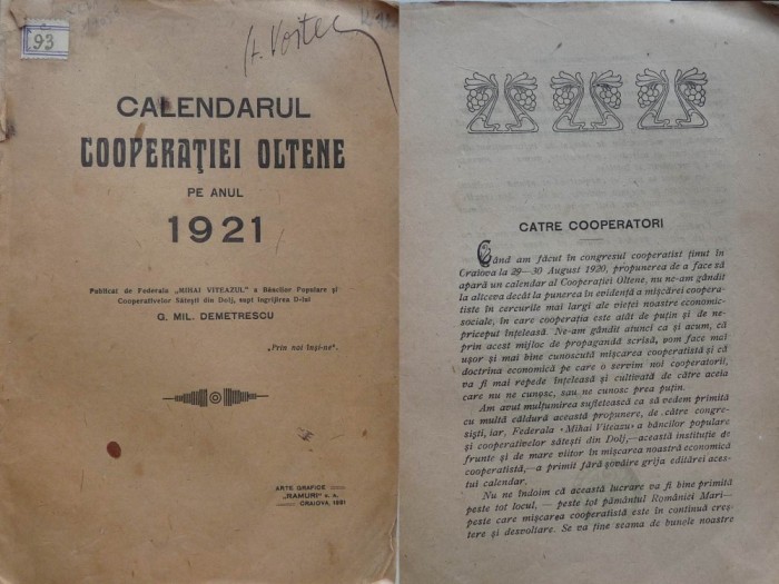 Demetrescu, Calendarul Cooperatiei Oltene pe anul 1921, Craiova, 1921