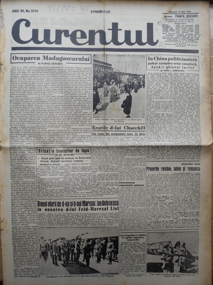 Ziarul Curentul , director Pamfil Seicaru , 13 mai 1942 , articole din  razboi, Alta editura | Okazii.ro