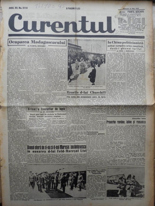Ziarul Curentul , director Pamfil Seicaru , 13 mai 1942 , articole din razboi