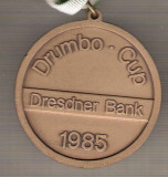 C224 Medalie Fotbal (fussball) - Drumbo Cup -Dresdner Bank -1985 -Germania -panglica alb-verde -marime circa49x54mm-aprox.57gr -starea care se vede