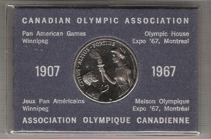C261 Medalie Asociatia Olimpica Canadiana 1907-1967-marime circa89X60mm, diametru 32mm medalia -aprox.27gr, cu totul-starea care se vede