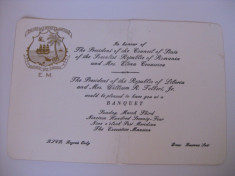 UNICAT!!! INVITATIE LA BANCHETUL DIN 3 MARTIE 1974 OFERIT DE PRES.REP.LIBERIA IN ONOAREA LUI NICOLAE SI ELENA CEAUSESCU foto