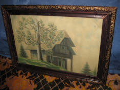 Tablou creion vechi, peisaj pom cu casa foto