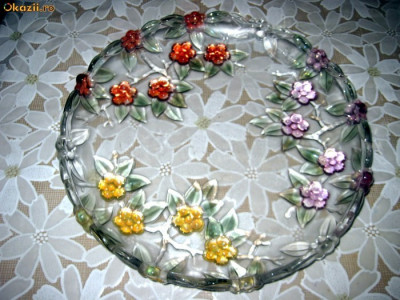 Fructiera- platou din sticla cu flori de Primavara, diam. 31 cm foto