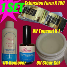 KIT PENTRU APLICAT UNGHII FALSE, gel uv transparent 15ml + gel finisare Top Coat 15ml + degresant + 100 sabloane, kit pt unghii false foto