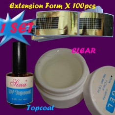 KIT UNGHII FALSE, gel uv transparent Sina 15ml + gel finisare Top Coat Sina 15ml + 100 sabloane, kit cu gel pt unghii foto