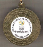 C476 Medalie PARTICIPANT - Liga Nationala de Minibaschet -Ed.2012, Brasov-panglica tricolora -marime 45x51 mm, gr. aprox. 21 gr.-starea care se vede