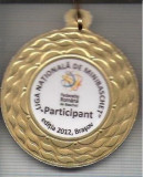 C473 Medalie PARTICIPANT -,,LIGA NATIONALA DE MINIBASCHET&quot; ED. 2012 Brasov- panglica tricolora-marime 45x51 mm, gr. aprox. 20 gr.-starea care se vede