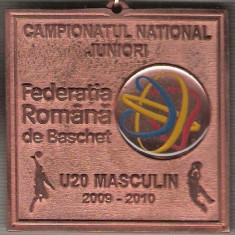 C462 Medalie Baschet -Campionatul National de Juniori U20 Masculin 2009-2010,panglica tricolora-marime 61x64 mm, gr. aprox. 69 gr.-starea care se vede