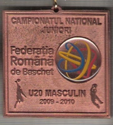 C462 Medalie Baschet -Campionatul National de Juniori U20 Masculin 2009-2010,panglica tricolora-marime 61x64 mm, gr. aprox. 69 gr.-starea care se vede foto