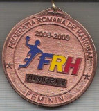 C472 Medalie FEDERATIA ROMANA DE HANDBAL -Feminin -Juniori IV 2008-2009, panglica tricolora-marime 53x56 mm, gr. aprox. 45 gr.-starea care se vede
