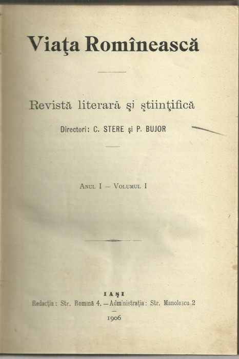 VIATA ROMANEASCA - revista literara si stiintifica, anul I, vol. I / 1906,Iasi