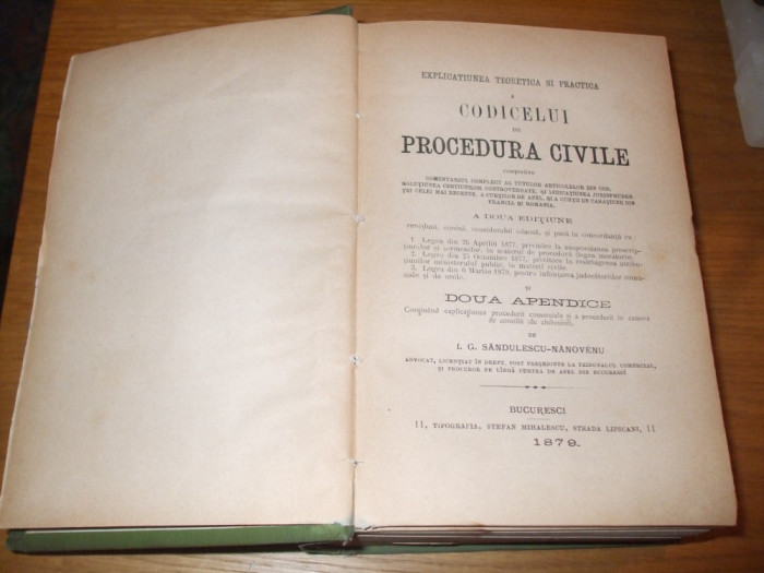 CODICELUI de PROCEDURA CIVILE - I.G.Sandulescu-Nanovenu - 1879, 1447 p. + anexe