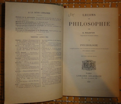 D. Roustan Lecons de Philosophie I Psychologie Librairie Delagrave 1921 7eme ed. revue foto