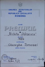 Premiul Nichita Stanescu 1984 , ptr. Gheorghe Tomozei ; semnata de D. R. Popescu foto