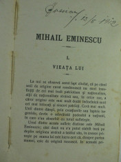 MIHAI EMINESCU - VIATA SI OPERA DE N.ZAHARIA - EDITIE PRINCEPS - CONTINE O INEDITA SI DEOSEBIT DE INTERESANTA ANEXA BIBLIOGRAFICA - BUCURESTI 1912 foto