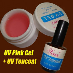 KIT gel uv ROZ 15ml + Top Coat 15ml, gel roz, gel constructie, gel finis, gel luciu pt unghii false foto