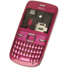 Carcasa rama fata geam sticla mijloc tastatura Azerty taste corp sasiu capac spate baterie acumulator Nokia C3-00 C3 roz pink Originala Original foto