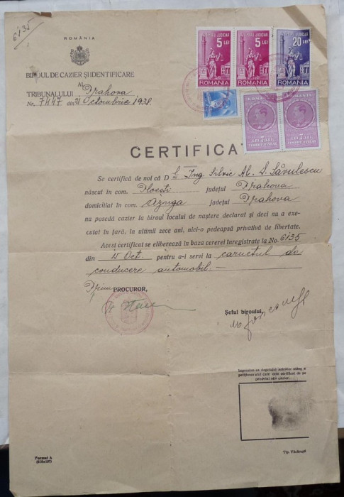 Certificat ; Biroul de Cazier si Identificare al Tribunalului Prahova , 1938