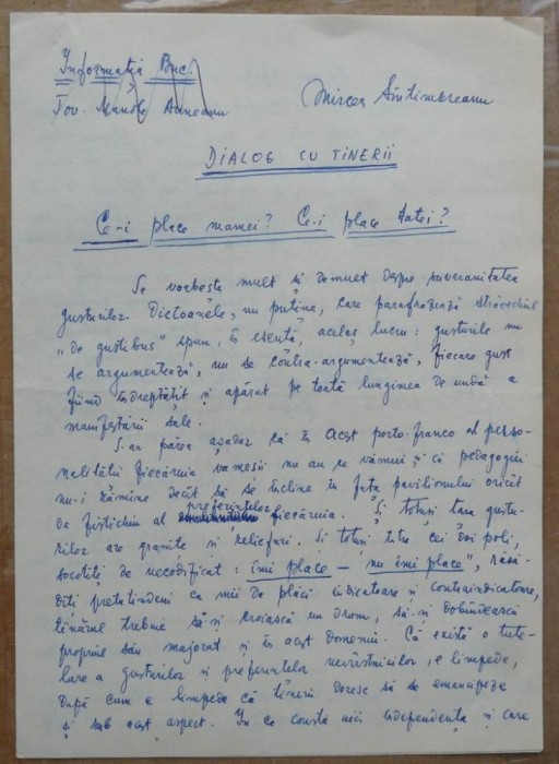 Manuscris al scriitorului Mircea Santimbreanu, Dialog cu tinerii, 4 pagini