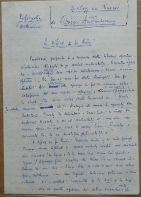 Manuscris al scriitorului Mircea Santimbreanu, Dialog cu tinerii, 4 pagini, 1 foto
