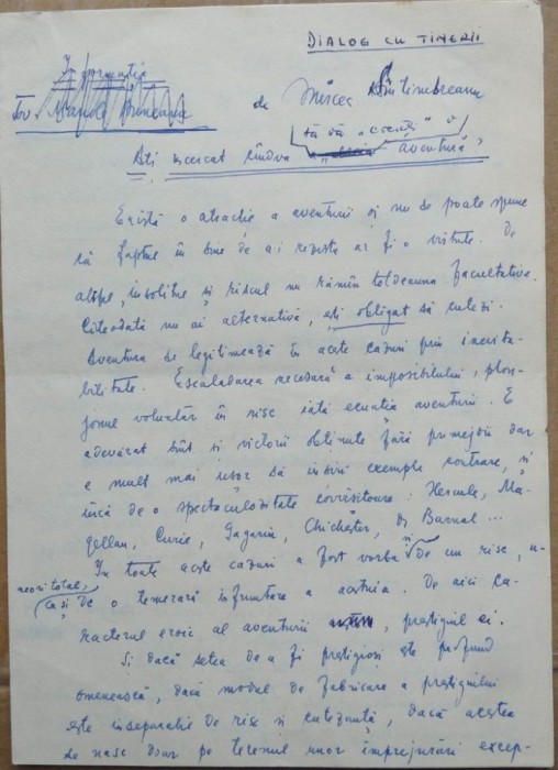 Manuscris al scriitorului Mircea Santimbreanu, Dialog cu tinerii, 4 pagini