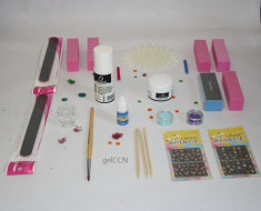 Kit unghii false cu acryl OFERTA !!! pudra acrilica, lichid acrilic, buffer, pensula acril, lipici, fimo, abtibilduri, sclipici, manichiura cu acril foto