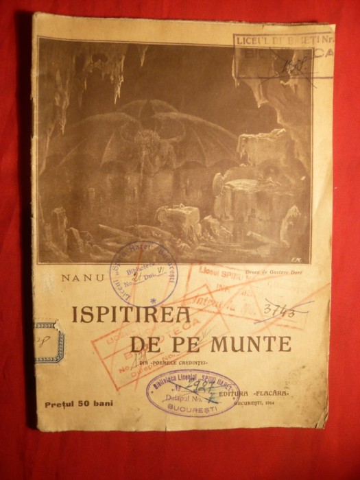 D. Nanu - Ispitirea de pe Munte - Prima Ed. 1914, Din Poemele Credintei , Ed. Flacara , 33 p.Coperta - Desen Gustave Dore , pag. 3 - desen Baltazar.